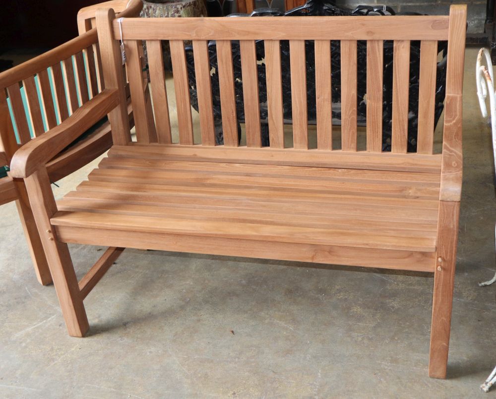 A teak garden bench, W.120cm, D.56cm, H.90cm